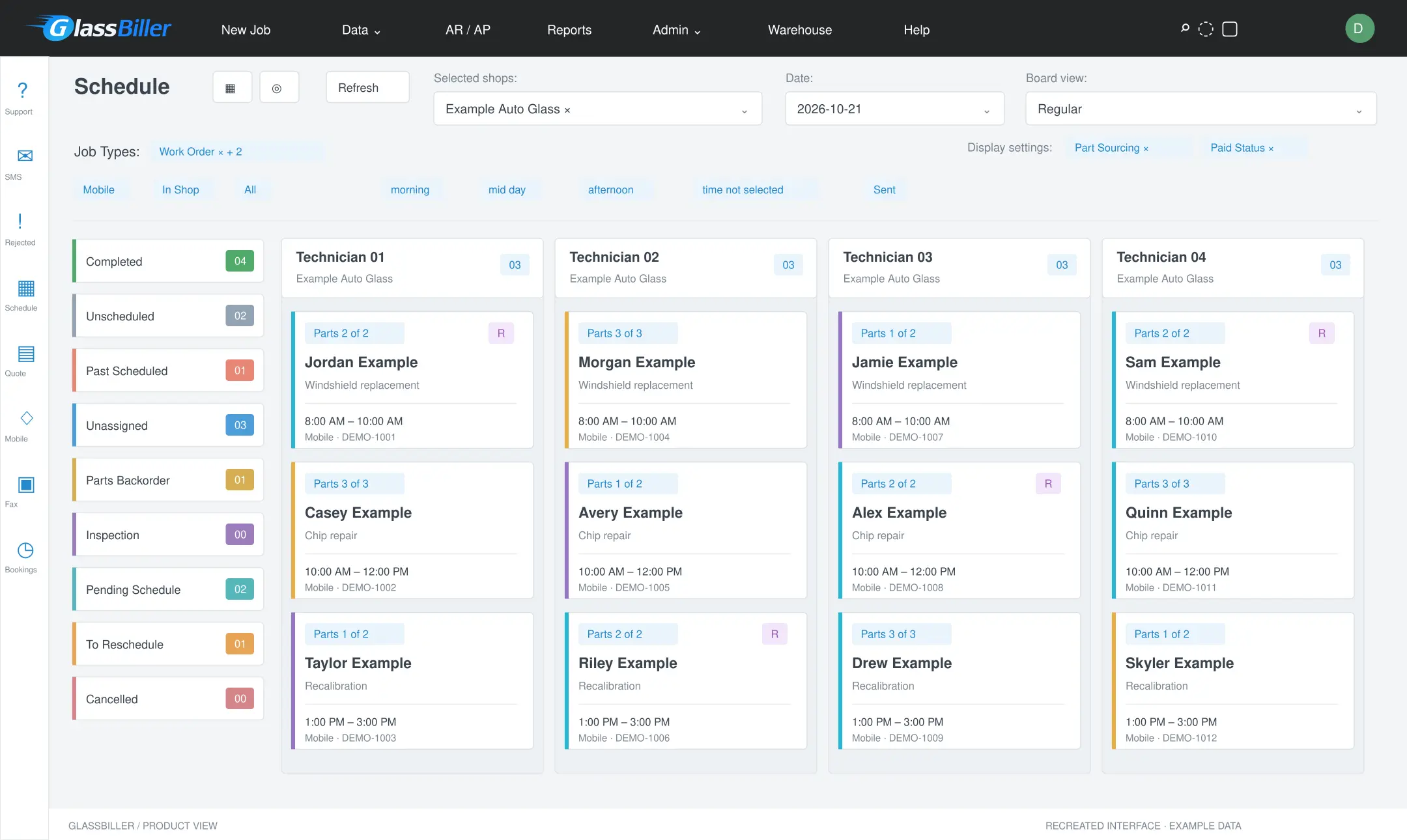 GlassBiller scheduler: job status groups beside four technician columns, with color-coded jobs, parts sourcing badges and appointment windows.